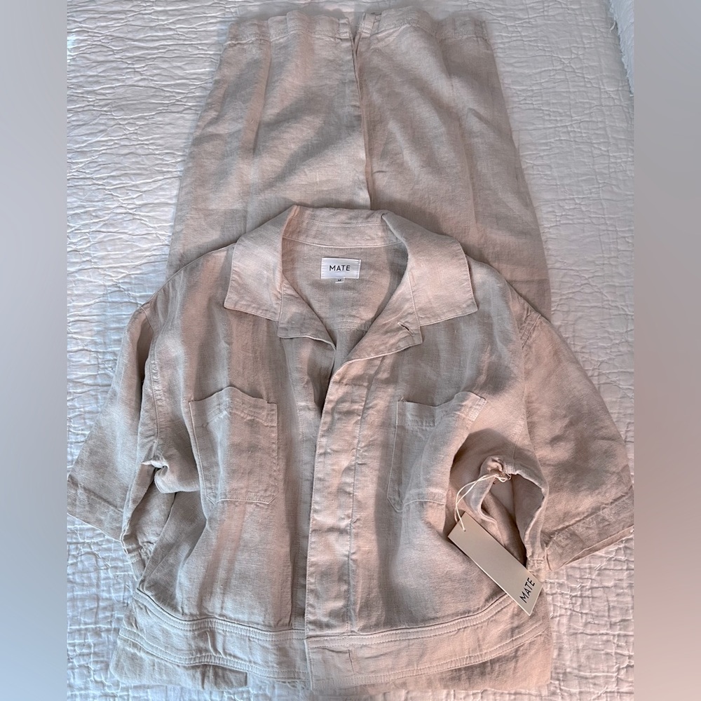 NWT Mate The Label 100% Organic Linen Natural Short Sleeve Button Up Jumpsuit - Picture 6 of 10